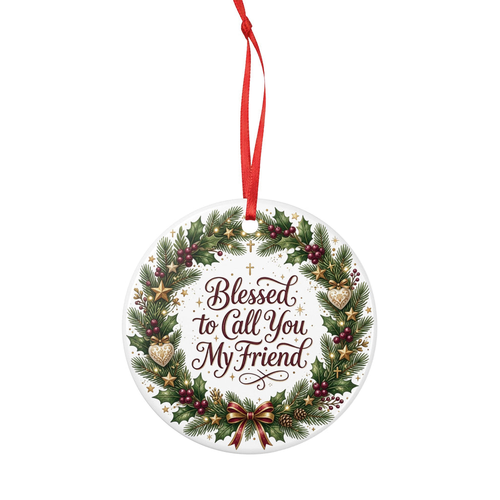 Ceramic Christmas Ornament — Blessed Friend Wreath Holiday Decoration, Double-Sided Matte White