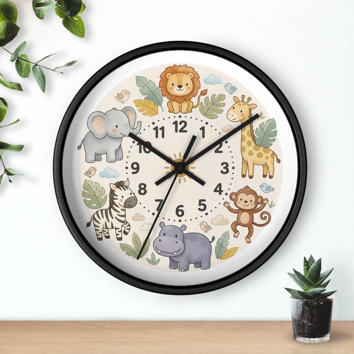 Safari Friends Nursery Wall Clock — Cute Jungle Animal Kids Clock