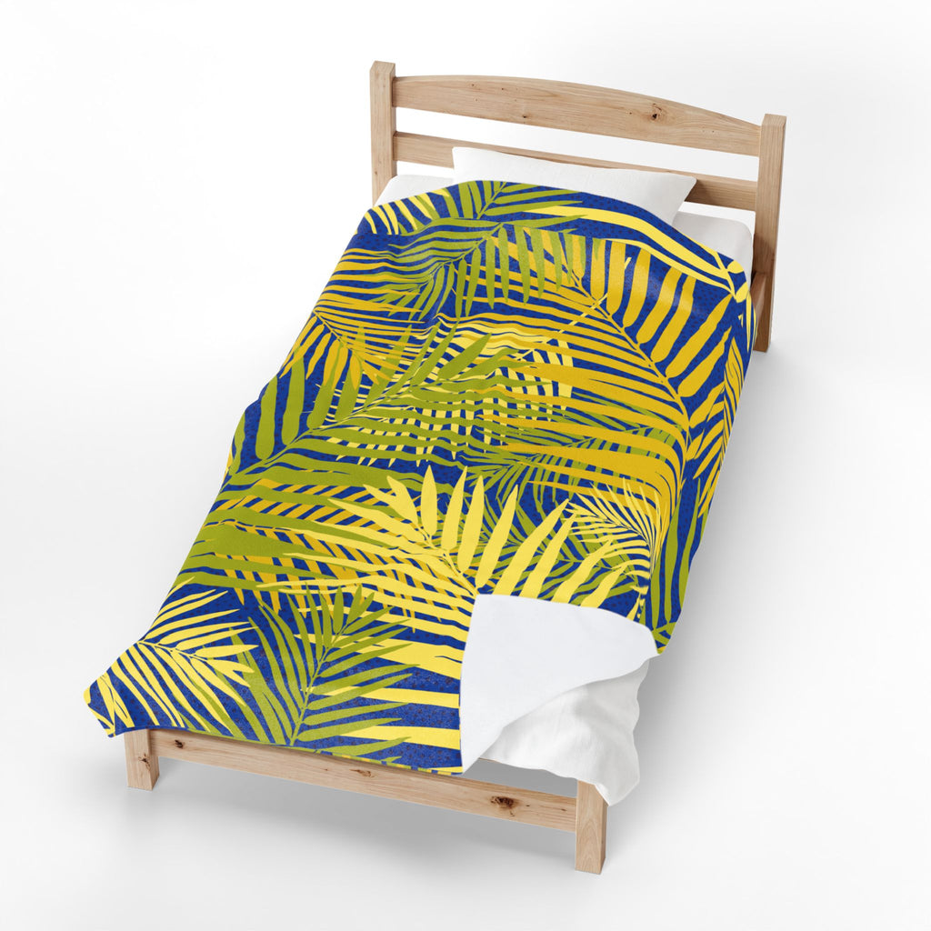 Tropical Palm Velveteen Plush Blanket — Blue & Yellow Leaf Throw