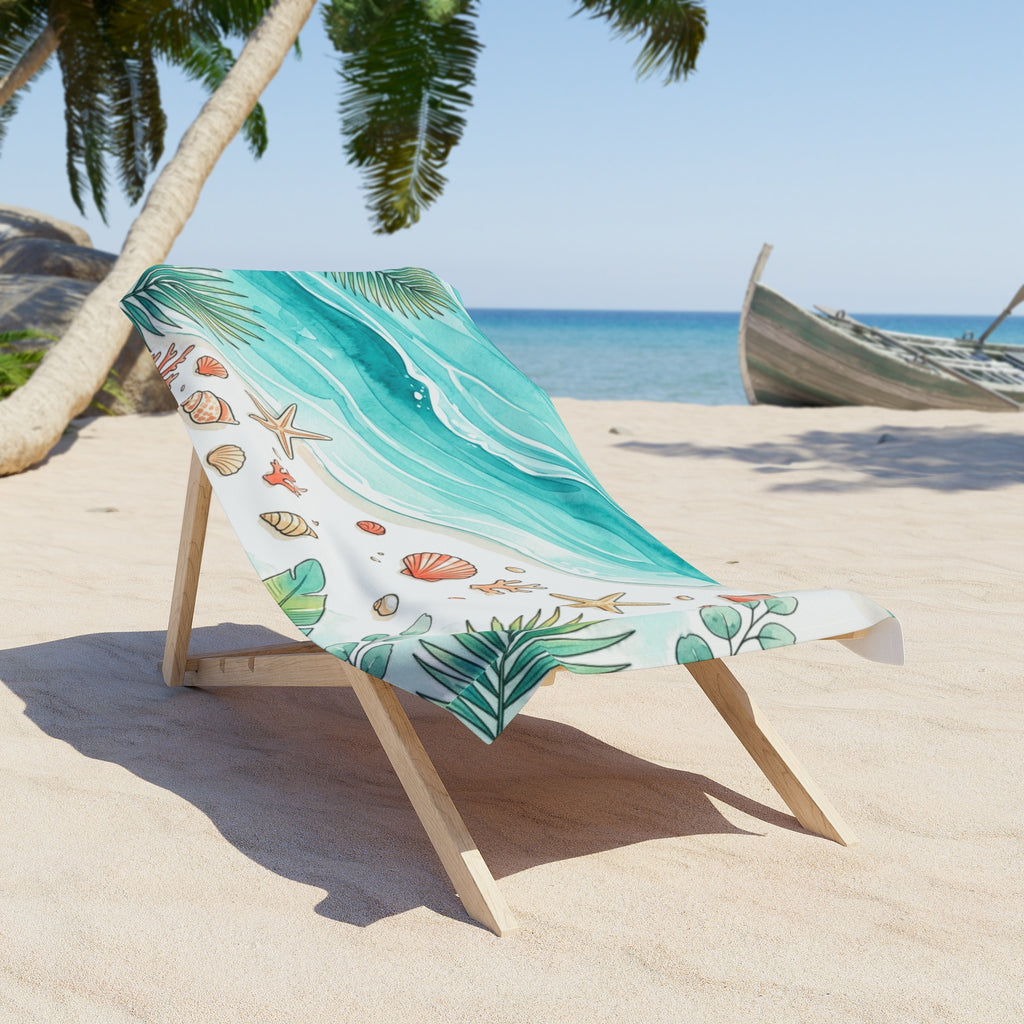 Coastal Shells Beach Towel — Aqua Wave Seashell Design