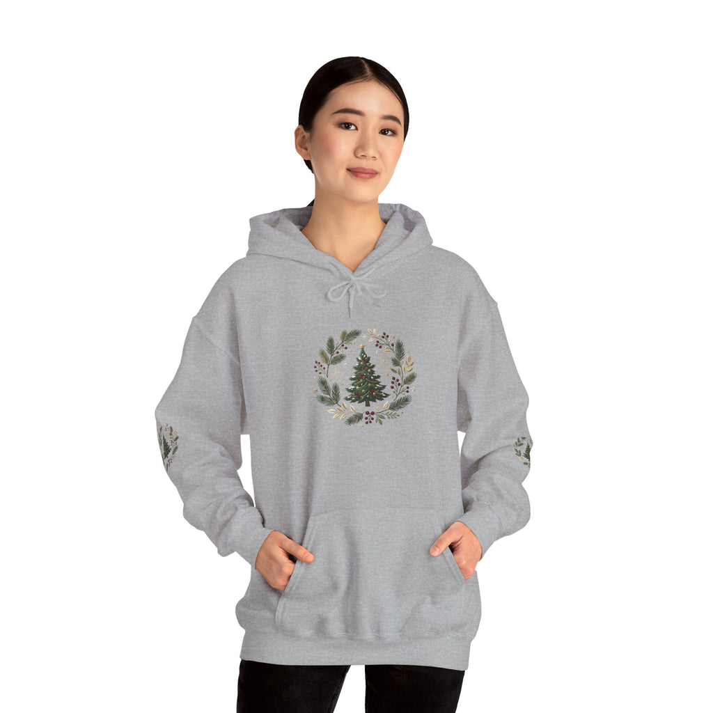 Christmas Tree Wreath Hoodie — Festive Botanical Sweatshirt, 50/50 Cotton-Poly, Unisex