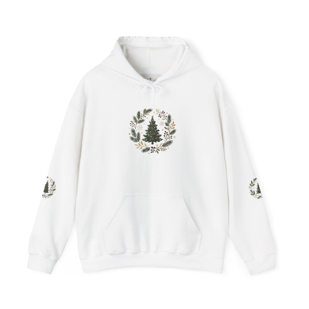 Christmas Tree Wreath Hoodie — Festive Botanical Sweatshirt, 50/50 Cotton-Poly, Unisex