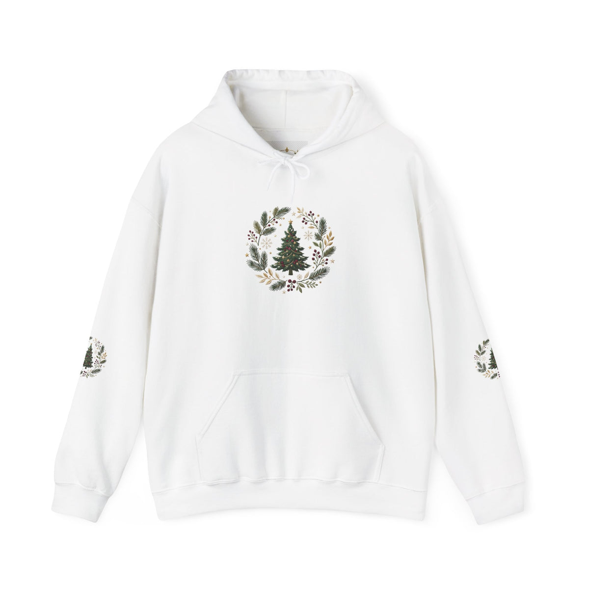Christmas Tree Wreath Hoodie — Festive Botanical Sweatshirt, 50/50 Cotton-Poly, Unisex