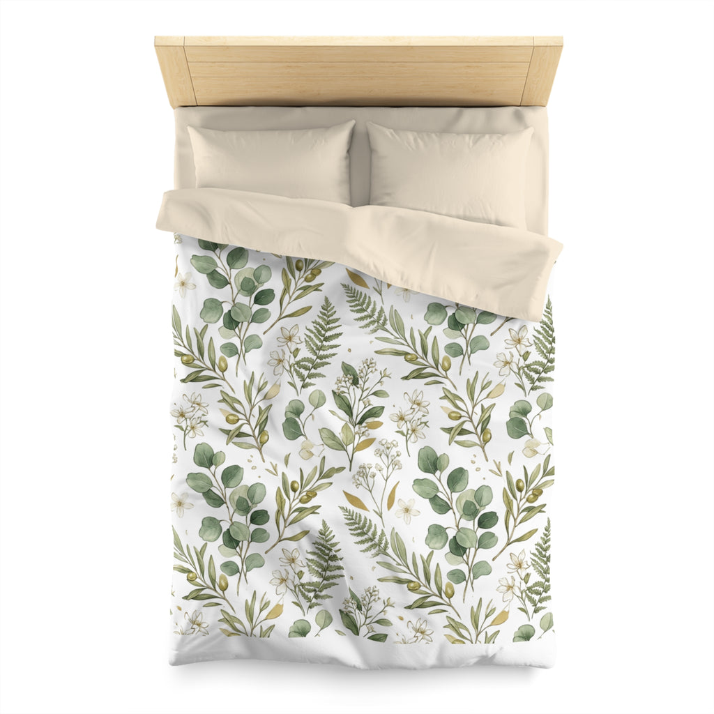 Botanical Eucalyptus Duvet Cover — Green Fern & Floral Microfiber Bedding