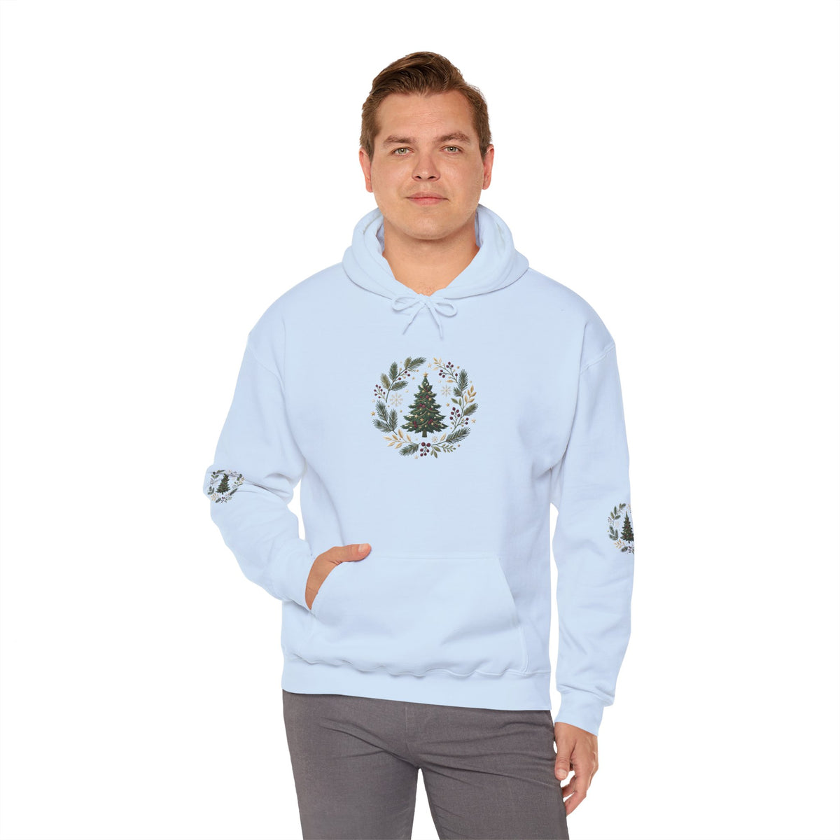 Christmas Tree Wreath Hoodie — Festive Botanical Sweatshirt, 50/50 Cotton-Poly, Unisex