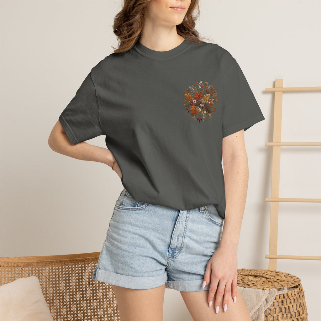 T-Shirt — Autumn Floral Wreath Tee (Fall Leaves Chest & Back Print)