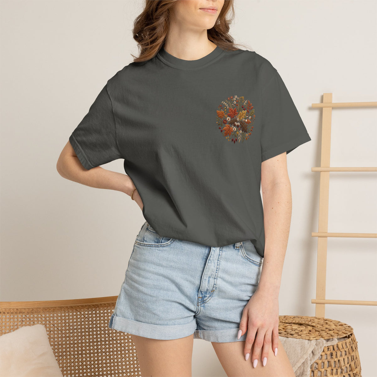 T-Shirt — Autumn Floral Wreath Tee (Fall Leaves Chest & Back Print)