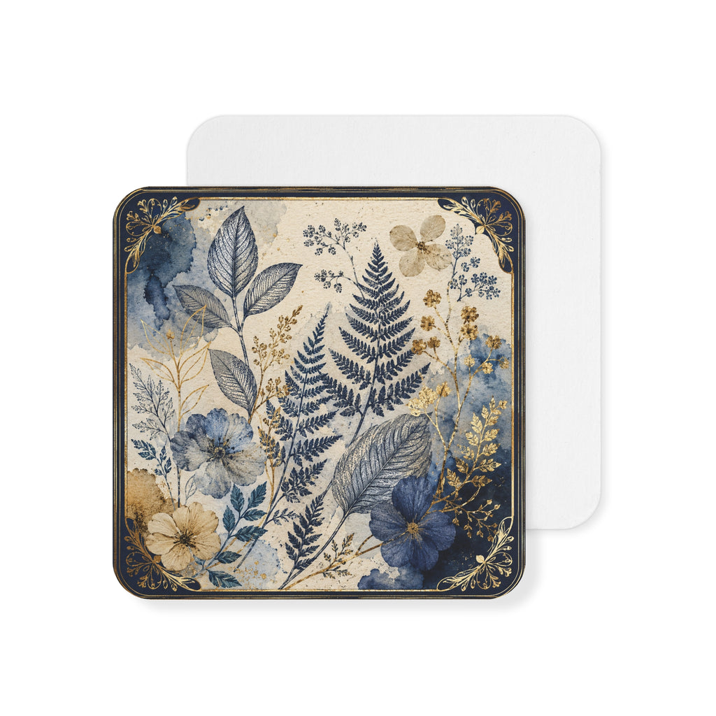 Floral Fern Coasters — Navy & Gold Botanical Drink Coasters (Set)