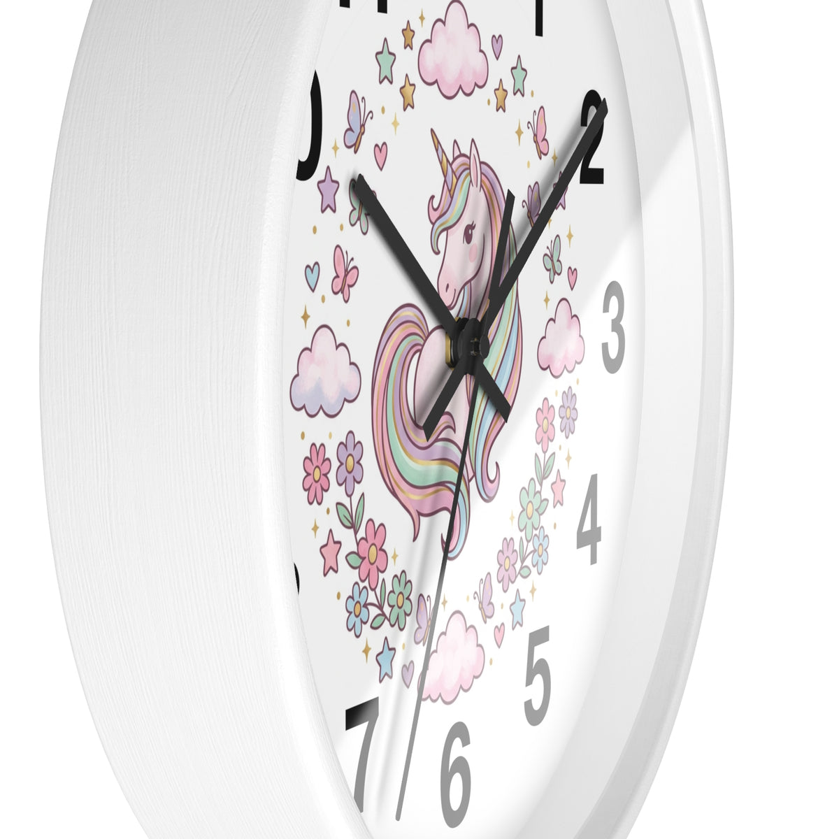 Unicorn Wall Clock — Pastel Rainbow Kids Room Clock with Clouds & Flowers