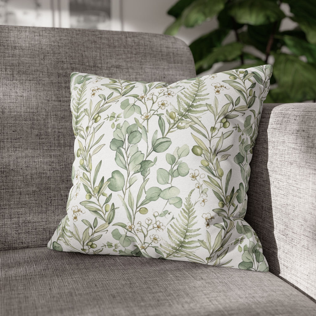 Botanical Greenery Square Pillowcase — Watercolour Eucalyptus & Fern Throw Pillow Cover