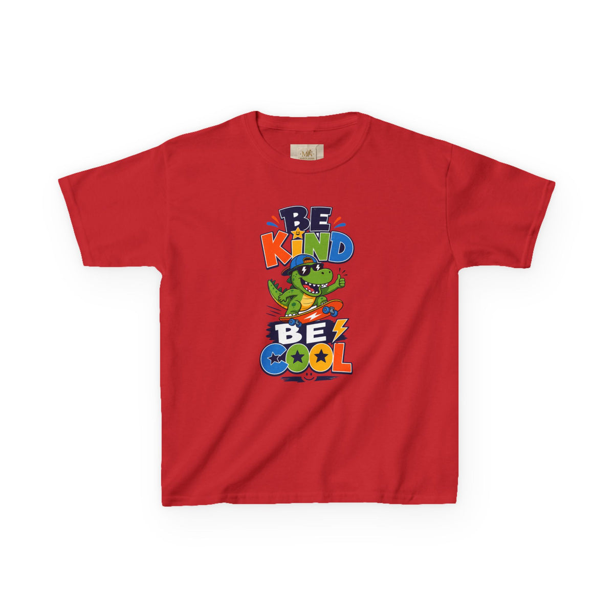Kids Tee — "Be Kind, Be Cool" Dinosaur Graphic with "Shine Bright" Back