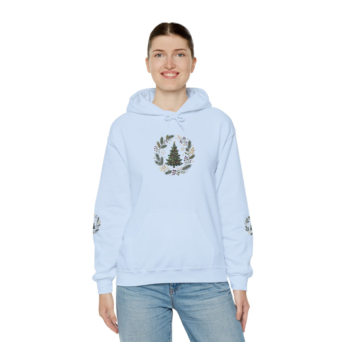 Christmas Tree Wreath Hoodie — Festive Botanical Sweatshirt, 50/50 Cotton-Poly, Unisex