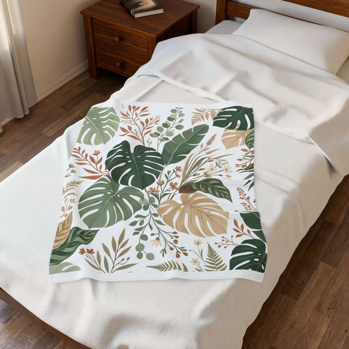 Botanical Monstera Velveteen Plush Blanket – Tropical Leaf Throw for Cozy Home Décor