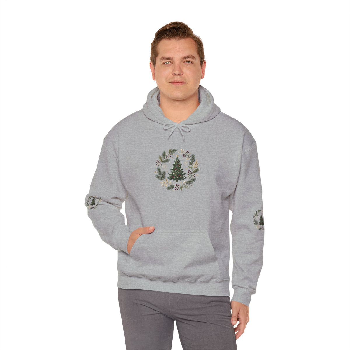 Christmas Tree Wreath Hoodie — Festive Botanical Sweatshirt, 50/50 Cotton-Poly, Unisex