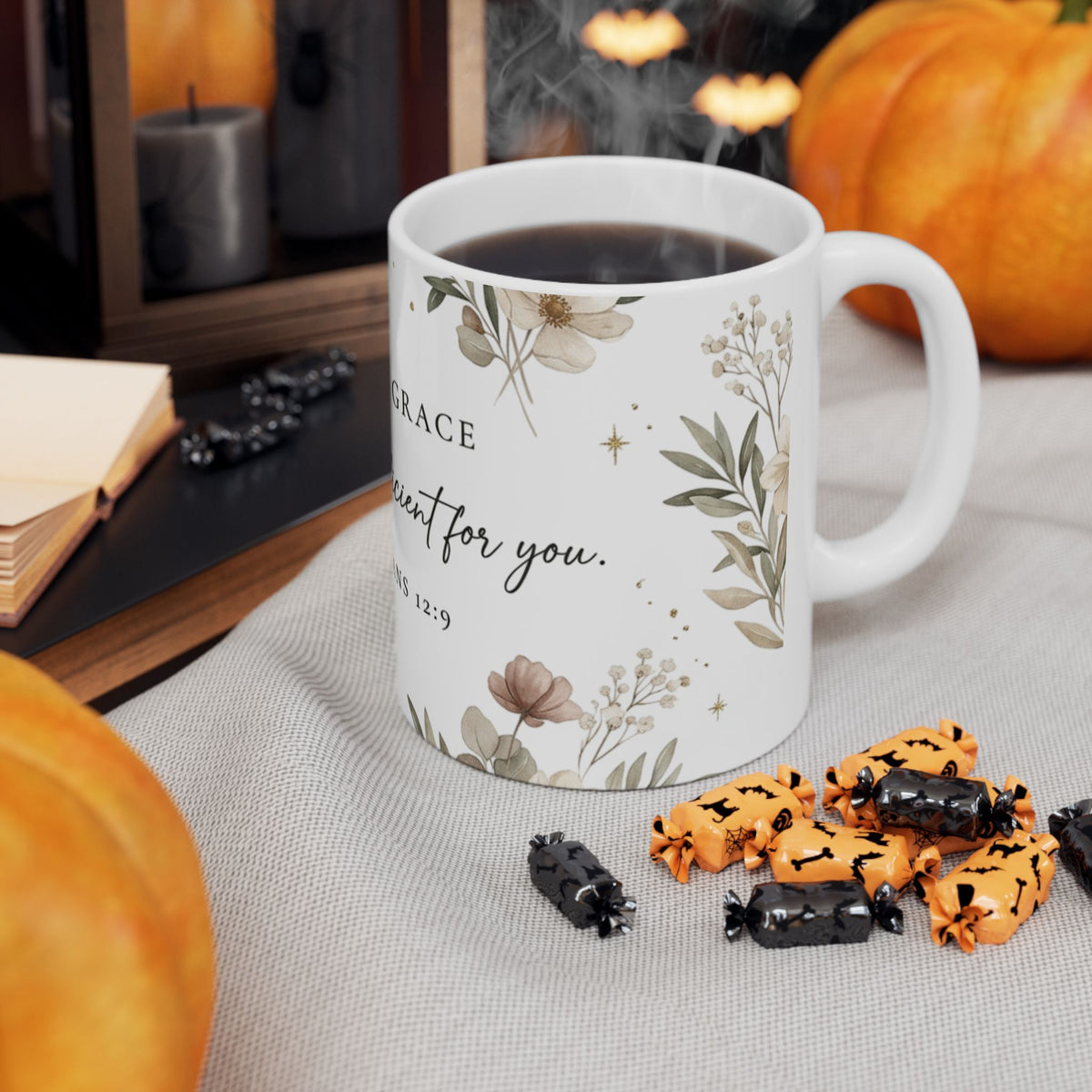 Rooted in Grace Ceramic Mug — 2 Corinthians 12:9 Floral Scripture Coffee Cup