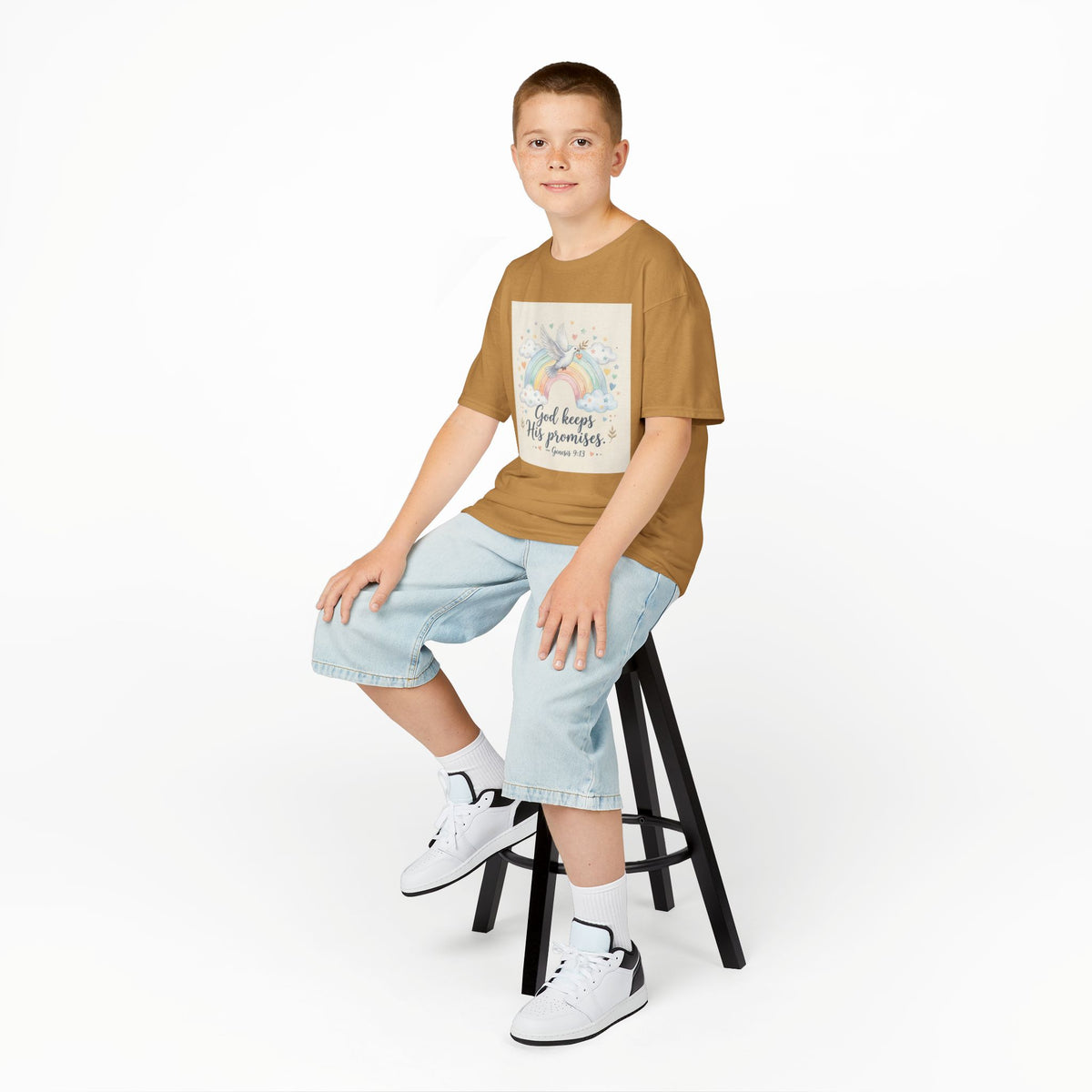 Christian Kids T-Shirt — "God Keeps His Promises" Rainbow Dove Tee | Psalm 145:13