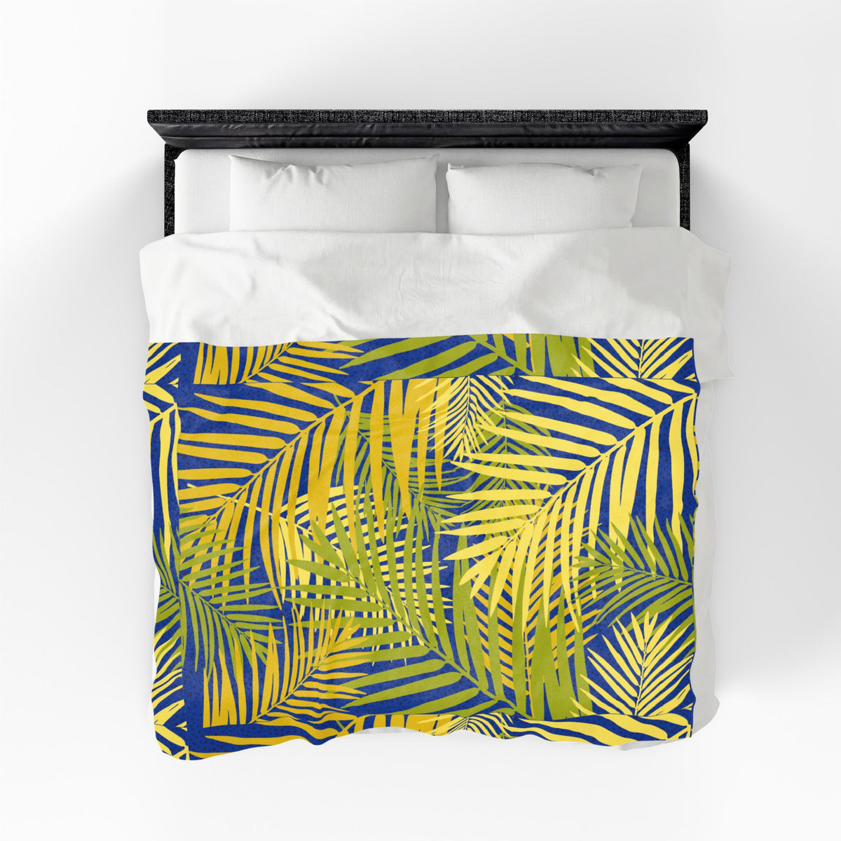 Tropical Palm Velveteen Plush Blanket — Blue & Yellow Leaf Throw