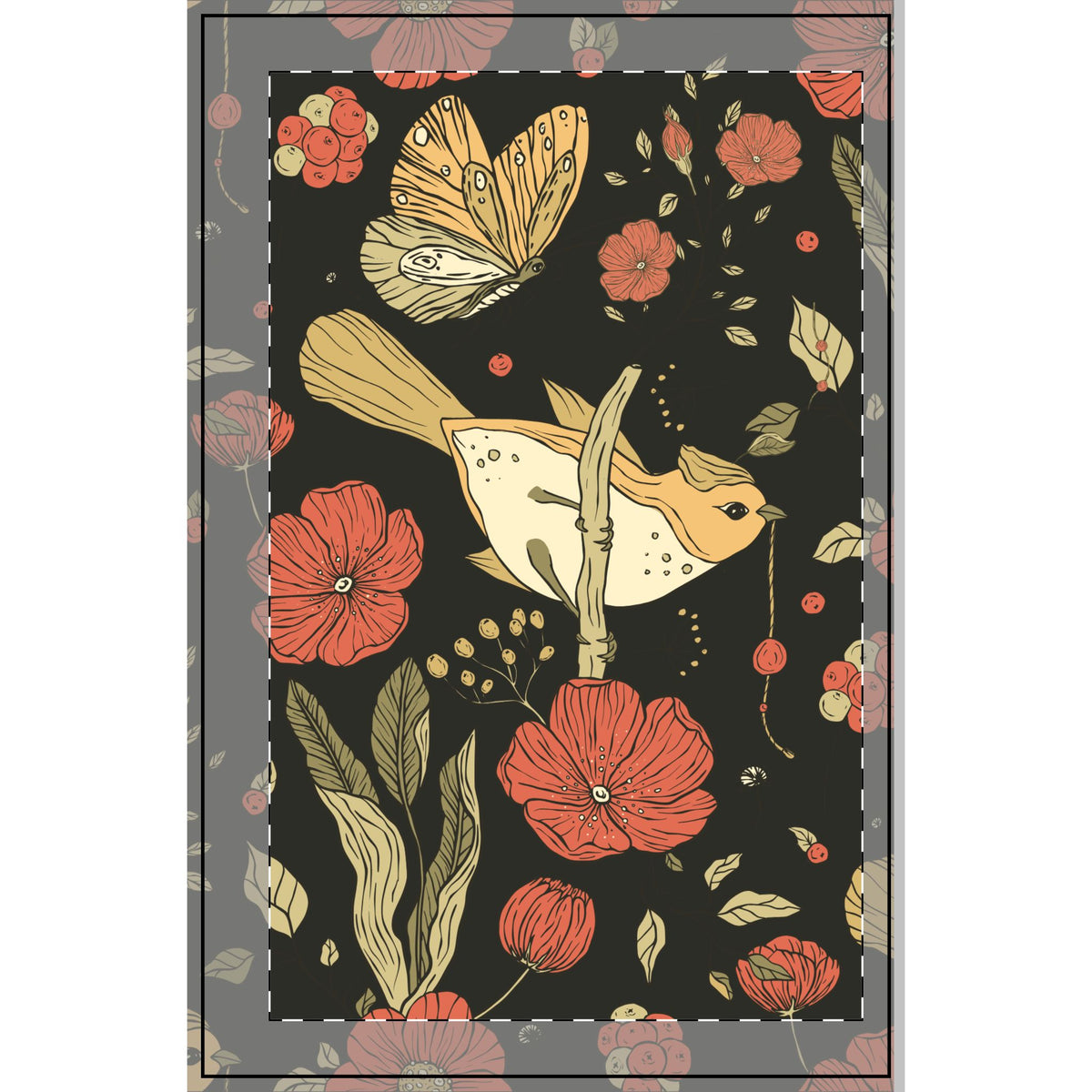 Floral Bird Spiral Notebook — Dotted Journal with Vintage Butterfly & Poppy Design