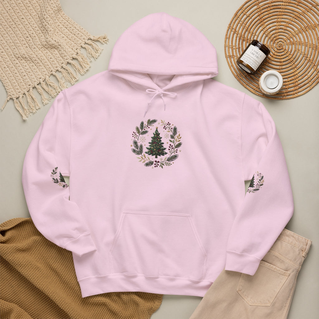 Christmas Tree Wreath Hoodie — Festive Botanical Sweatshirt, 50/50 Cotton-Poly, Unisex
