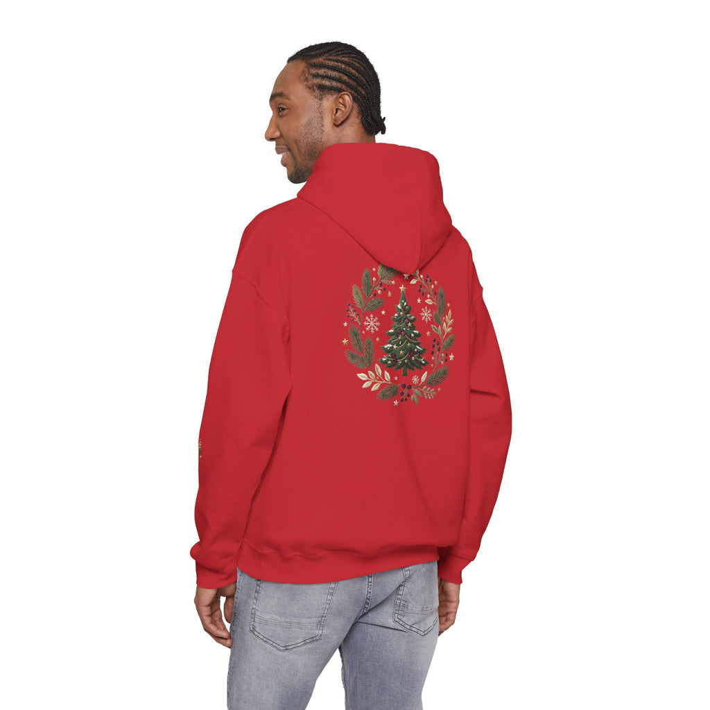 Christmas Tree Wreath Hoodie — Festive Botanical Sweatshirt, 50/50 Cotton-Poly, Unisex