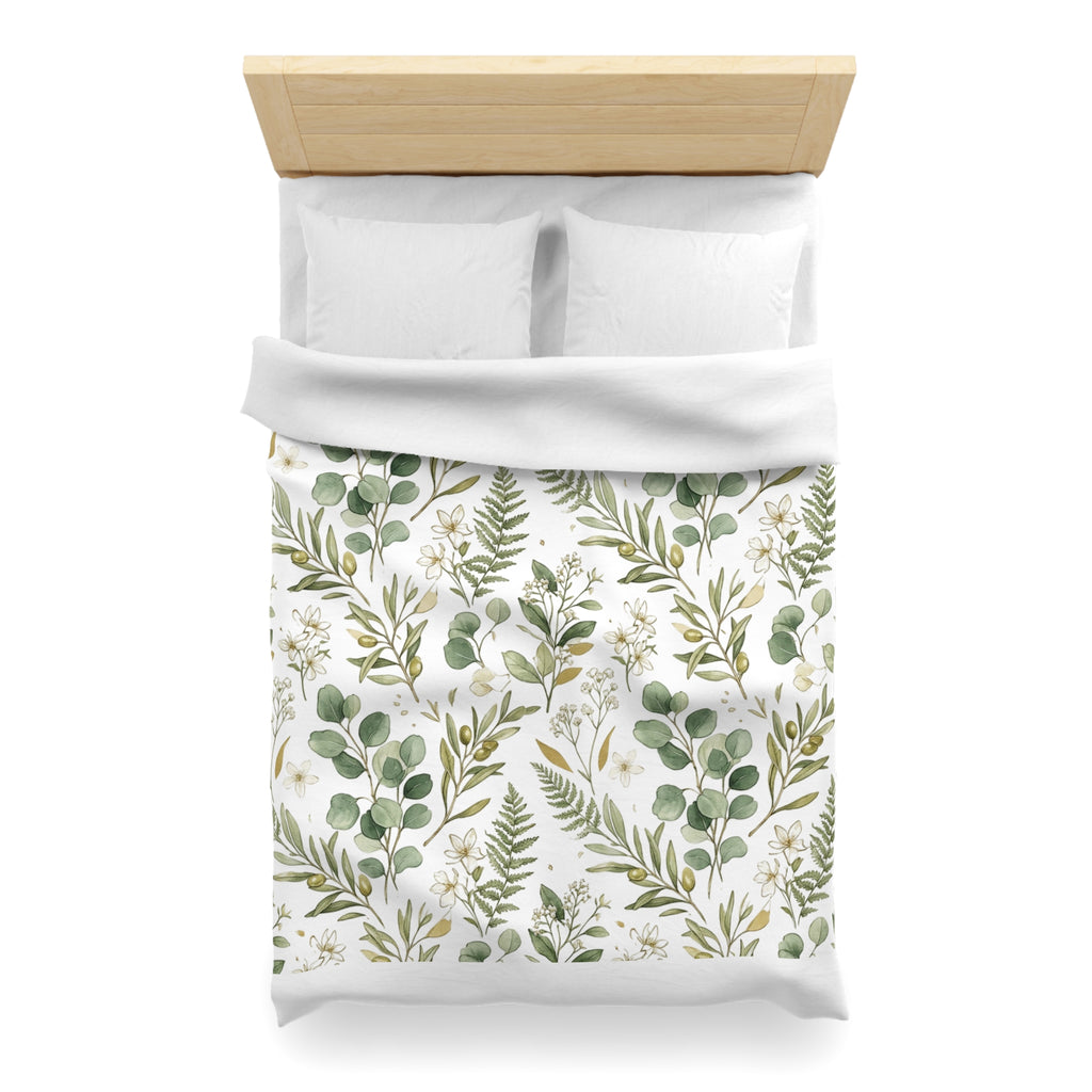 Botanical Eucalyptus Duvet Cover — Green Fern & Floral Microfiber Bedding