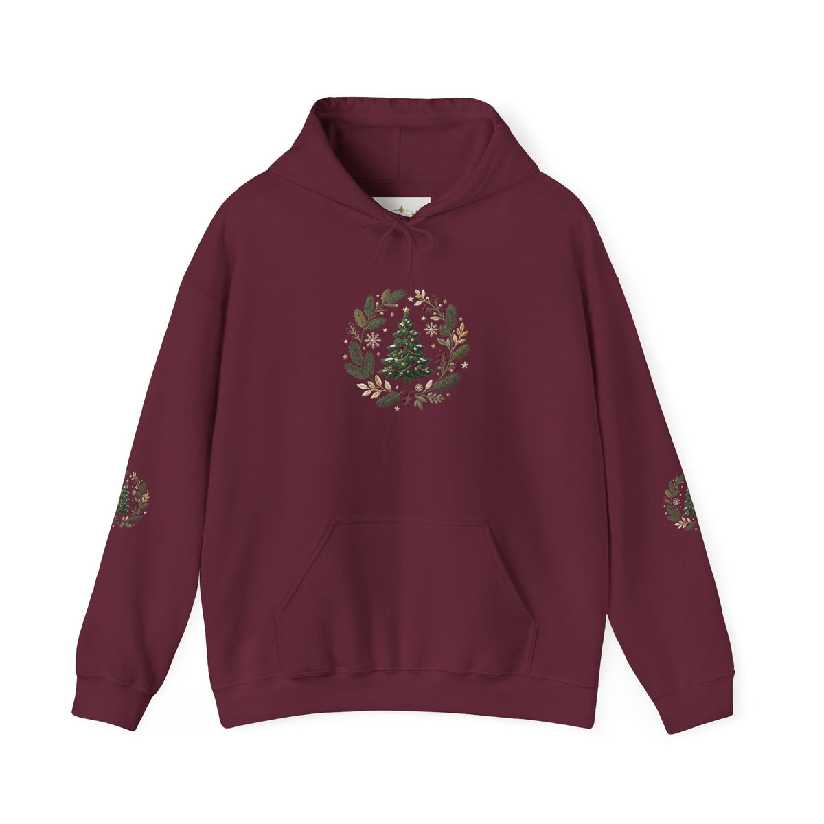 Christmas Tree Wreath Hoodie — Festive Botanical Sweatshirt, 50/50 Cotton-Poly, Unisex