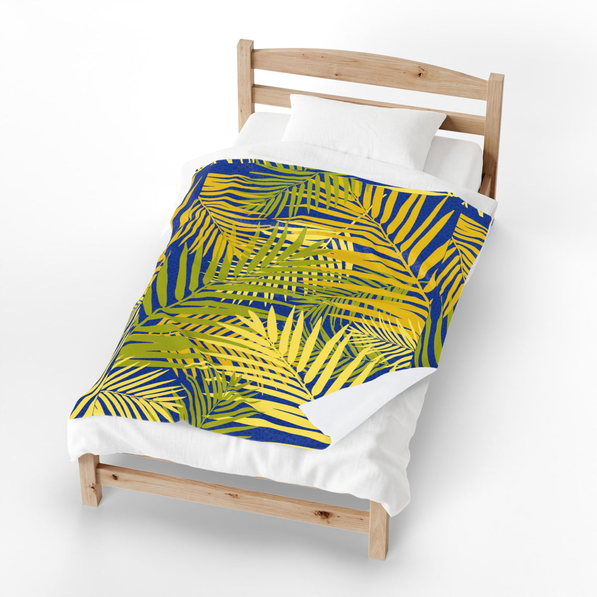 Tropical Palm Velveteen Plush Blanket — Blue & Yellow Leaf Throw