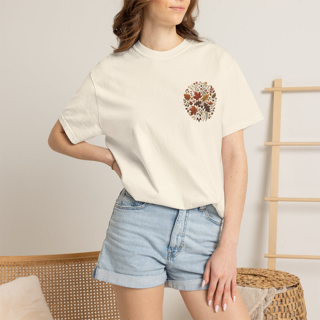 T-Shirt — Autumn Floral Wreath Tee (Fall Leaves Chest & Back Print)