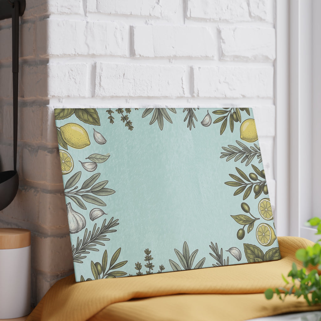 Herb & Lemon Glass Cutting Board — Decorative Kitchen Chopping Board