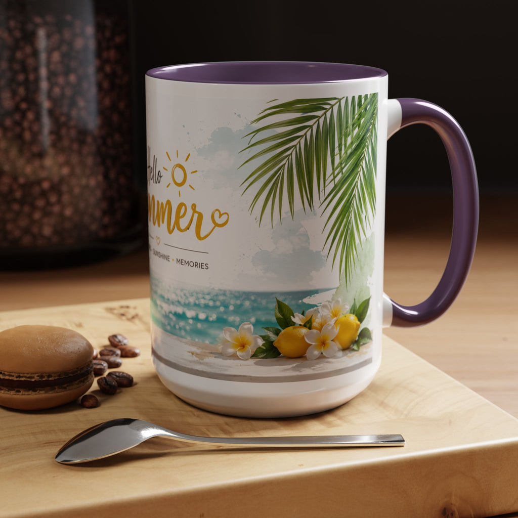 Hello Summer Accent Coffee Mug — Beach Vibes Lemon Palm Coastal Ceramic Mug (11/15oz)