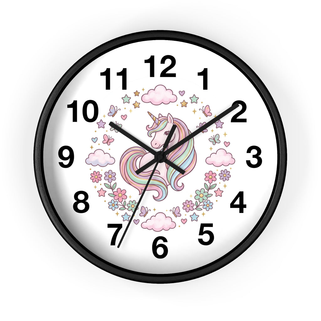 Unicorn Wall Clock — Pastel Rainbow Kids Room Clock with Clouds & Flowers
