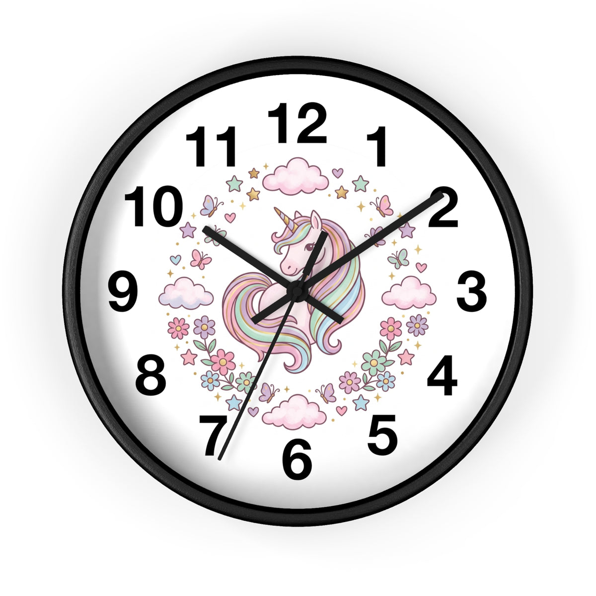 Unicorn Wall Clock — Pastel Rainbow Kids Room Clock with Clouds & Flowers