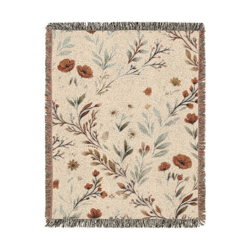 Floral Woven Blanket — Vintage Botanical Throw with Fringe