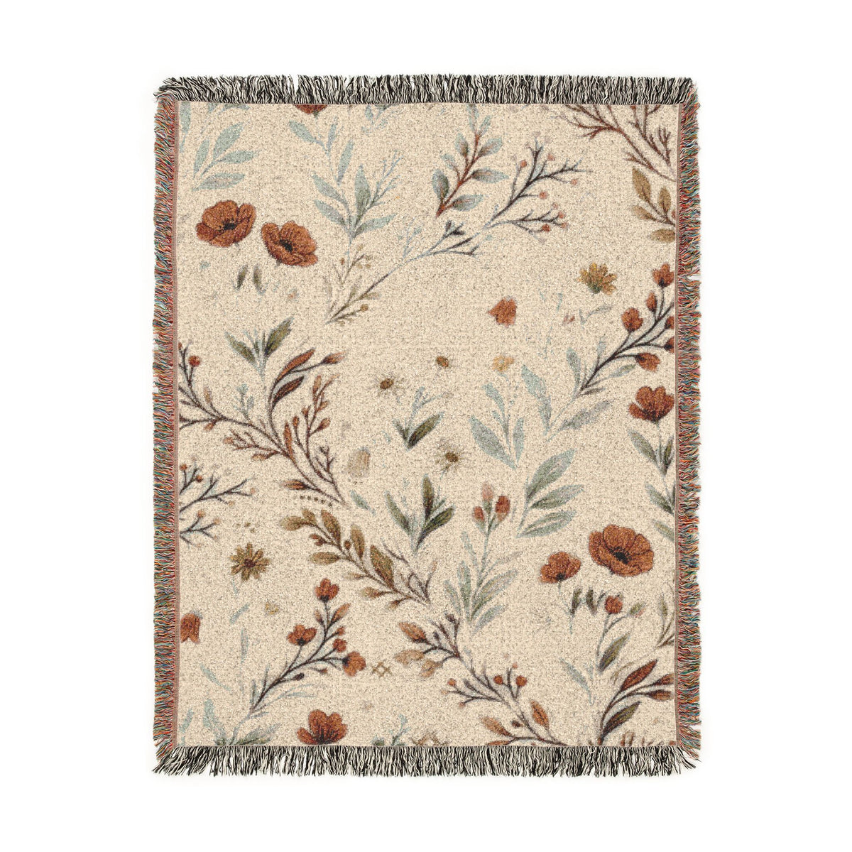Floral Woven Blanket — Vintage Botanical Throw with Fringe