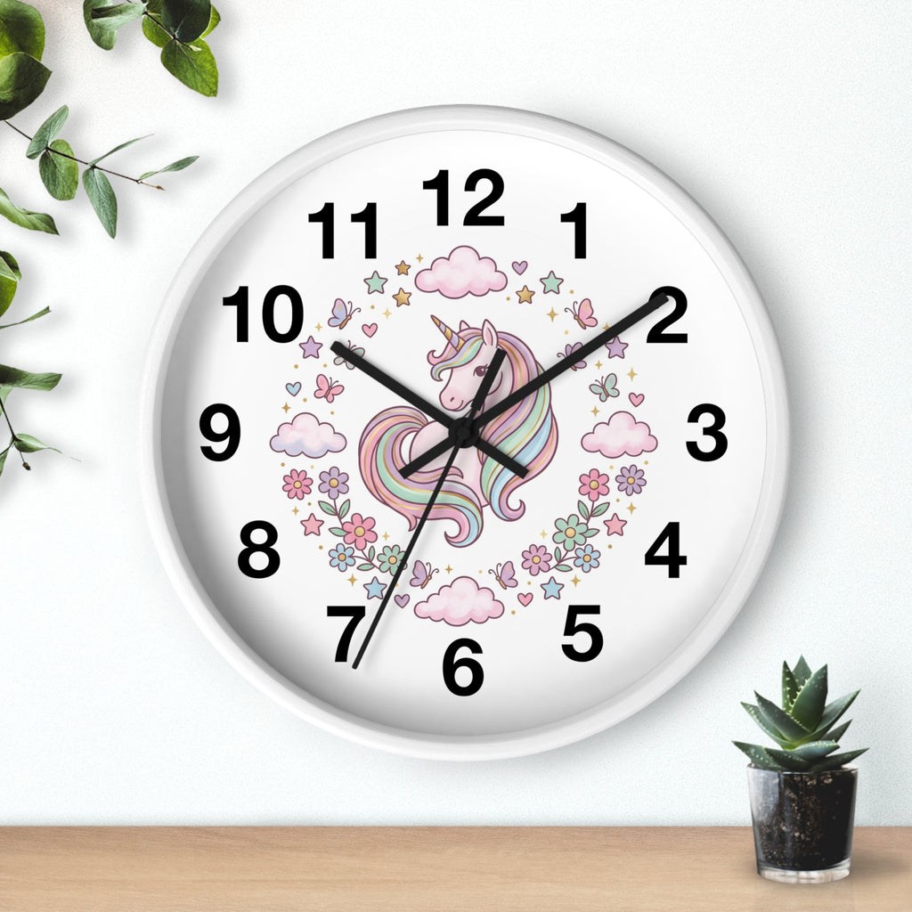 Unicorn Wall Clock — Pastel Rainbow Kids Room Clock with Clouds & Flowers
