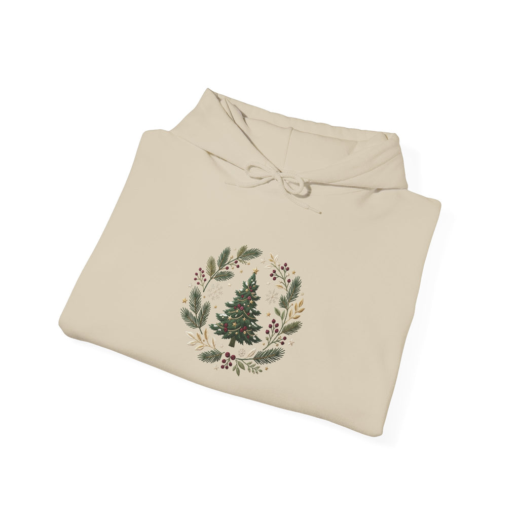 Christmas Tree Wreath Hoodie — Festive Botanical Sweatshirt, 50/50 Cotton-Poly, Unisex