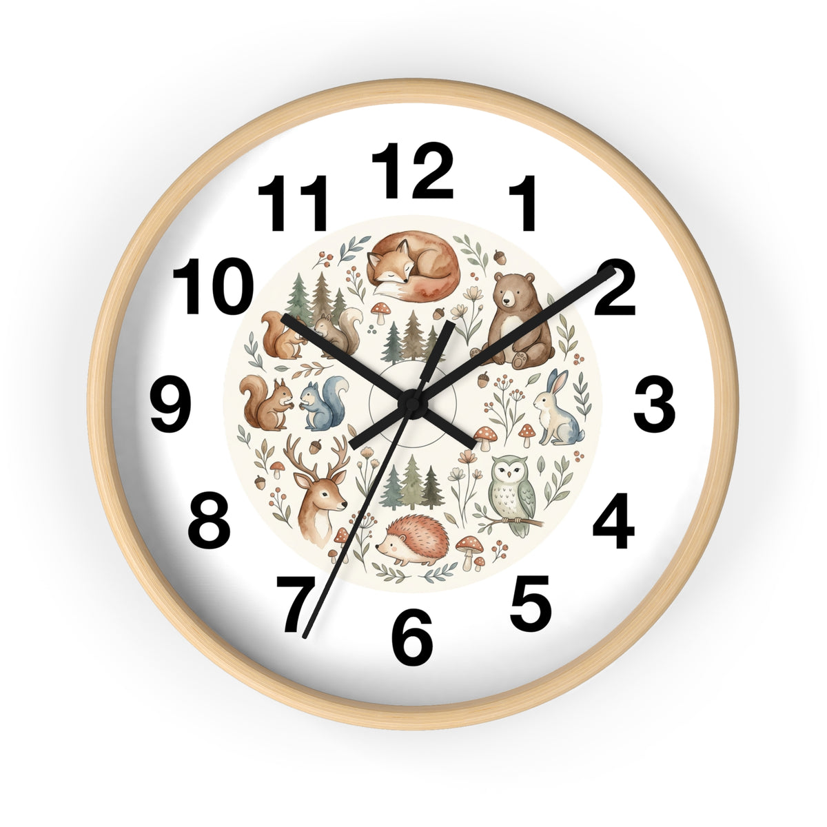 Woodland Animals Wall Clock — Cute Forest Nursery Clock with Fox, Deer, Owl & Squirrel