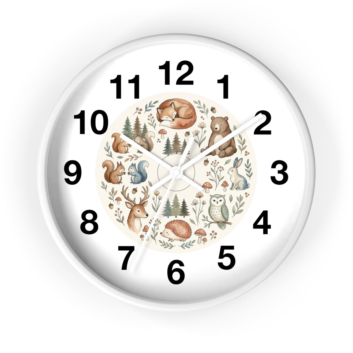 Woodland Animals Wall Clock — Cute Forest Nursery Clock with Fox, Deer, Owl & Squirrel