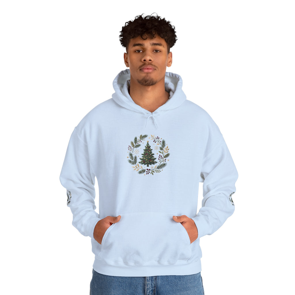 Christmas Tree Wreath Hoodie — Festive Botanical Sweatshirt, 50/50 Cotton-Poly, Unisex