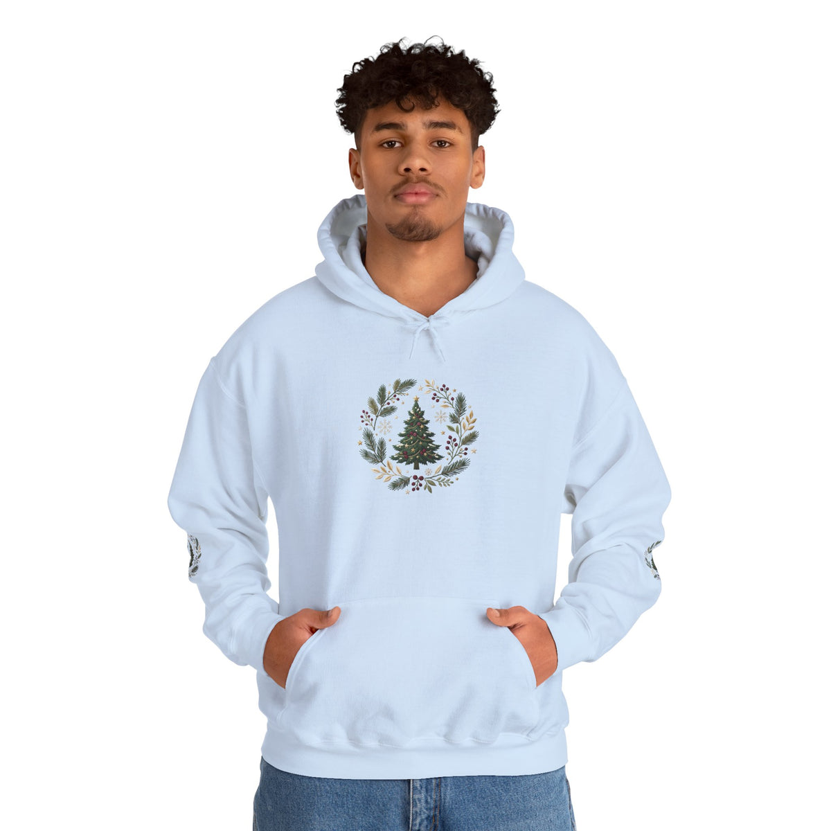 Christmas Tree Wreath Hoodie — Festive Botanical Sweatshirt, 50/50 Cotton-Poly, Unisex
