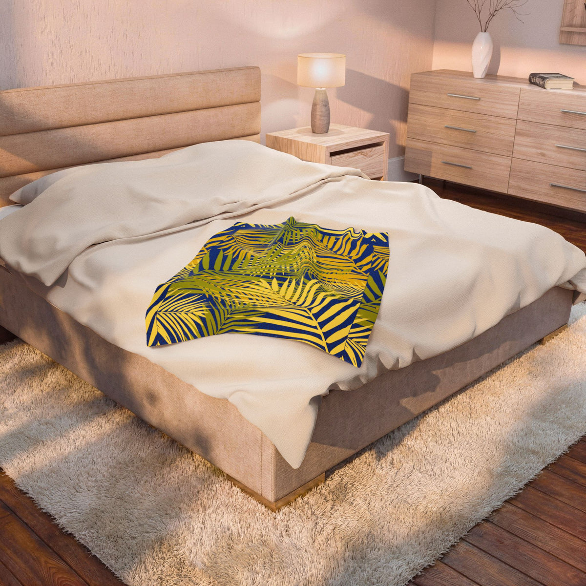 Tropical Palm Velveteen Plush Blanket — Blue & Yellow Leaf Throw