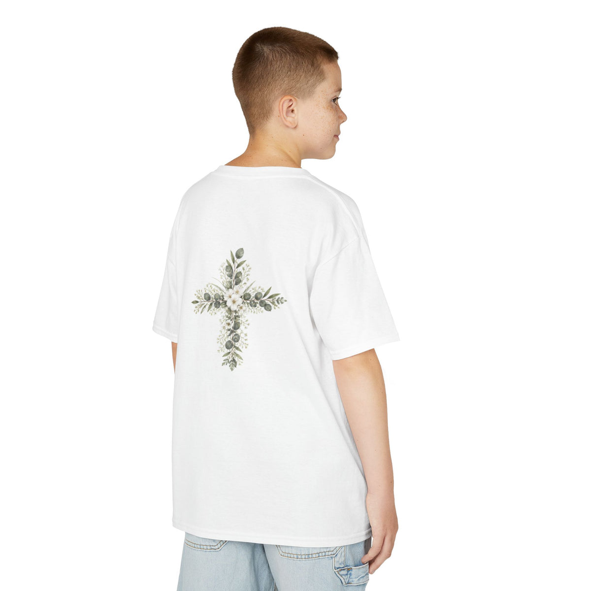 Kids Tee — Floral Cross “Faith” Christian Shirt for Children (Easter, Baptism, Church)