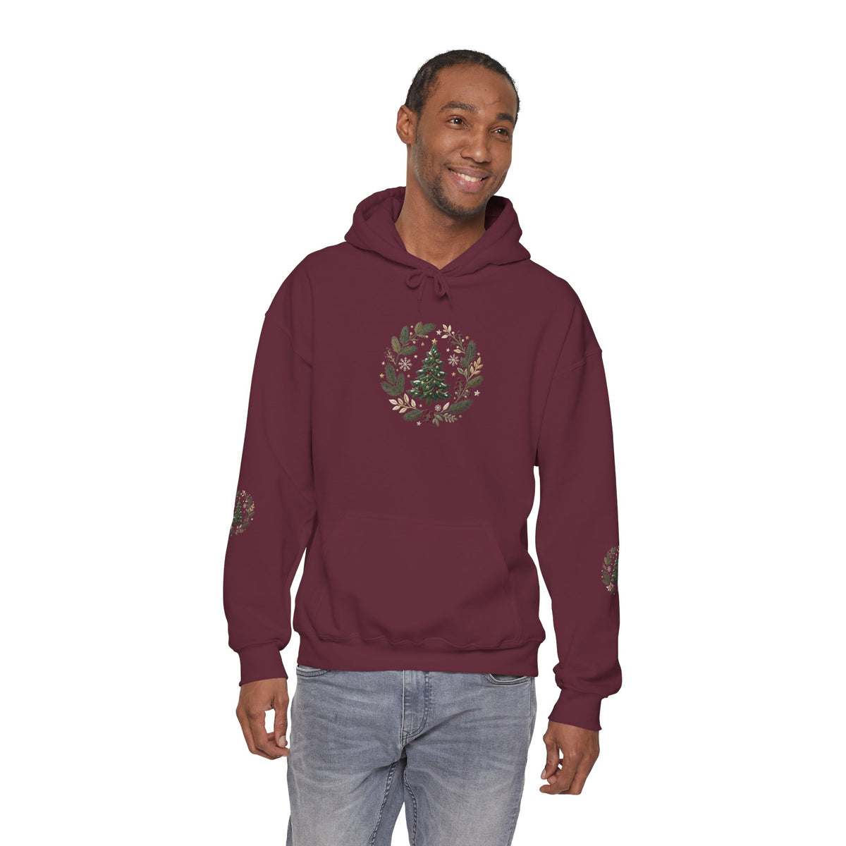 Christmas Tree Wreath Hoodie — Festive Botanical Sweatshirt, 50/50 Cotton-Poly, Unisex