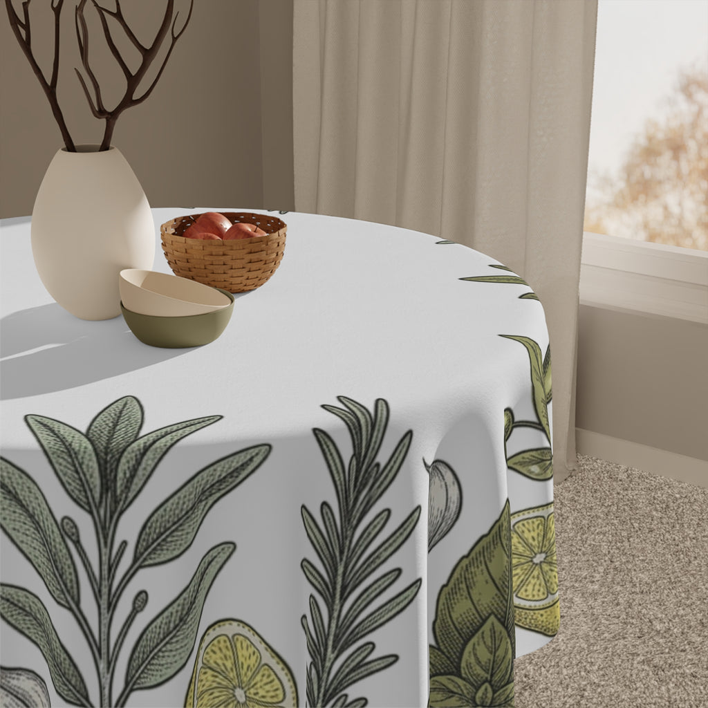 Mediterranean Herb & Lemon Tablecloth — Olive, Basil & Rosemary Kitchen Linen