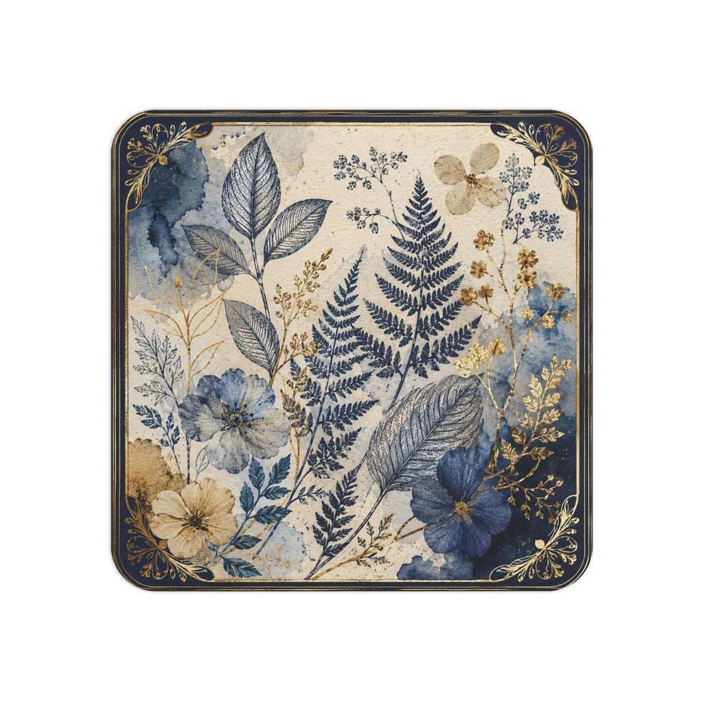 Floral Fern Coasters — Navy & Gold Botanical Drink Coasters (Set)