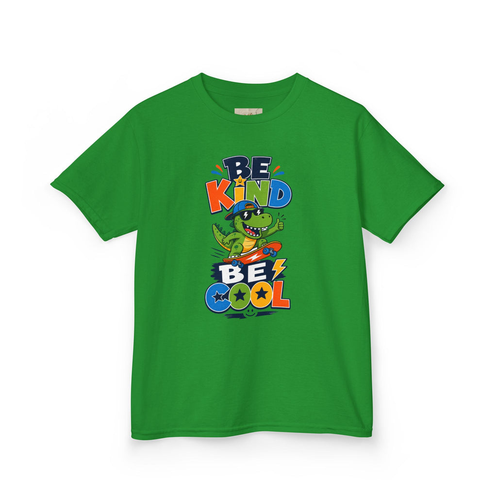 Kids Tee — "Be Kind, Be Cool" Dinosaur Graphic with "Shine Bright" Back