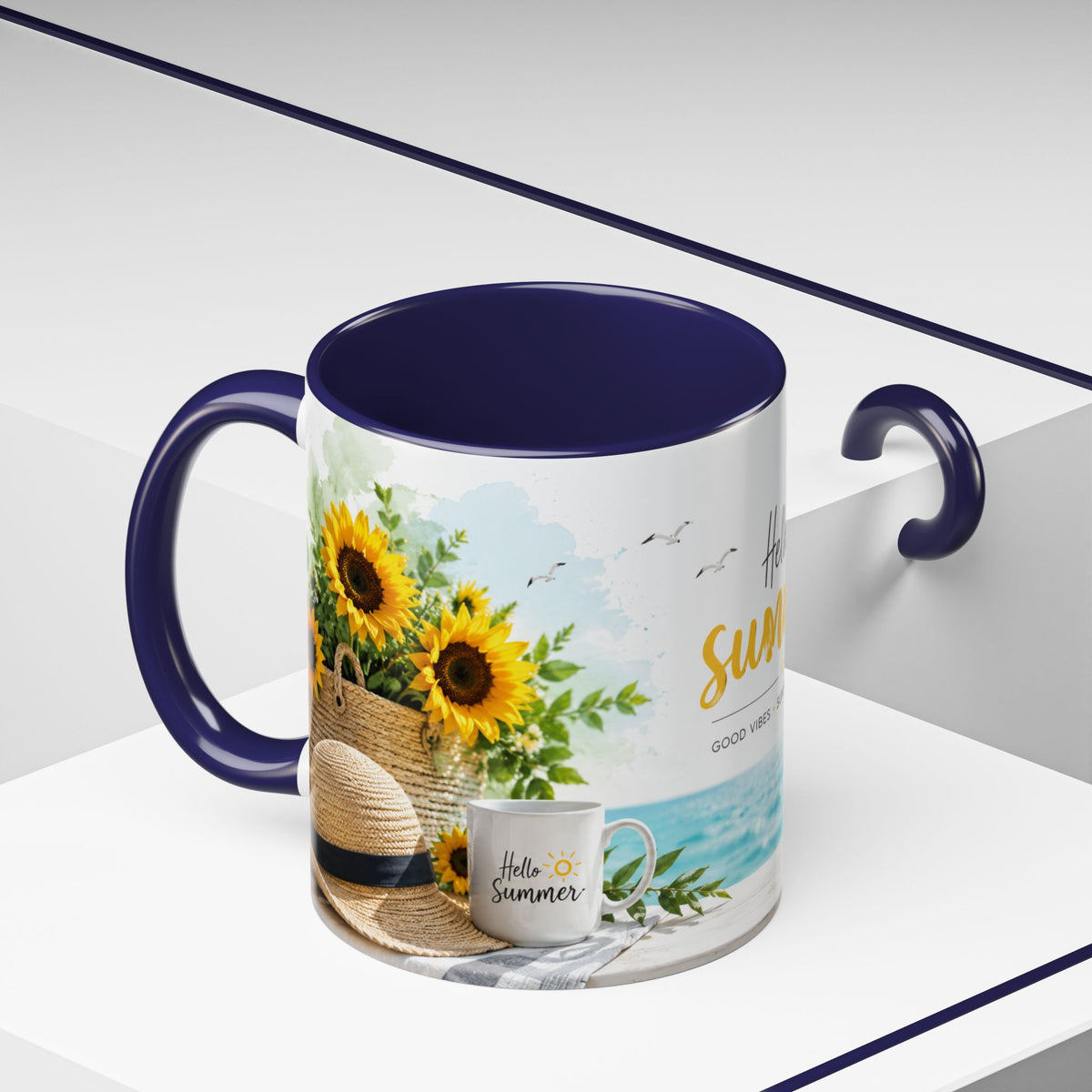Hello Summer Accent Coffee Mug — Beach Vibes Lemon Palm Coastal Ceramic Mug (11/15oz)