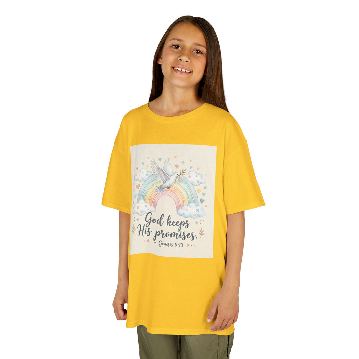 Christian Kids T-Shirt — "God Keeps His Promises" Rainbow Dove Tee | Psalm 145:13