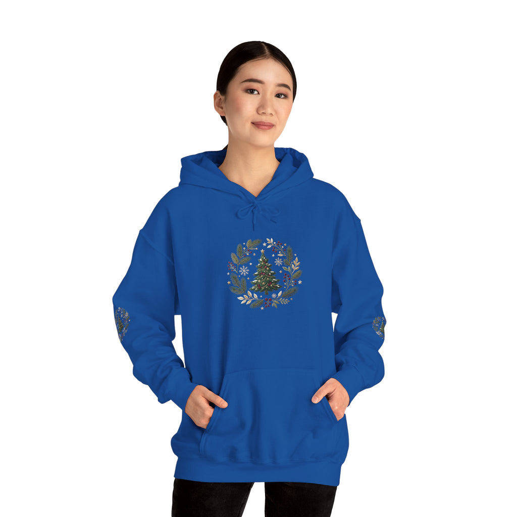 Christmas Tree Wreath Hoodie — Festive Botanical Sweatshirt, 50/50 Cotton-Poly, Unisex