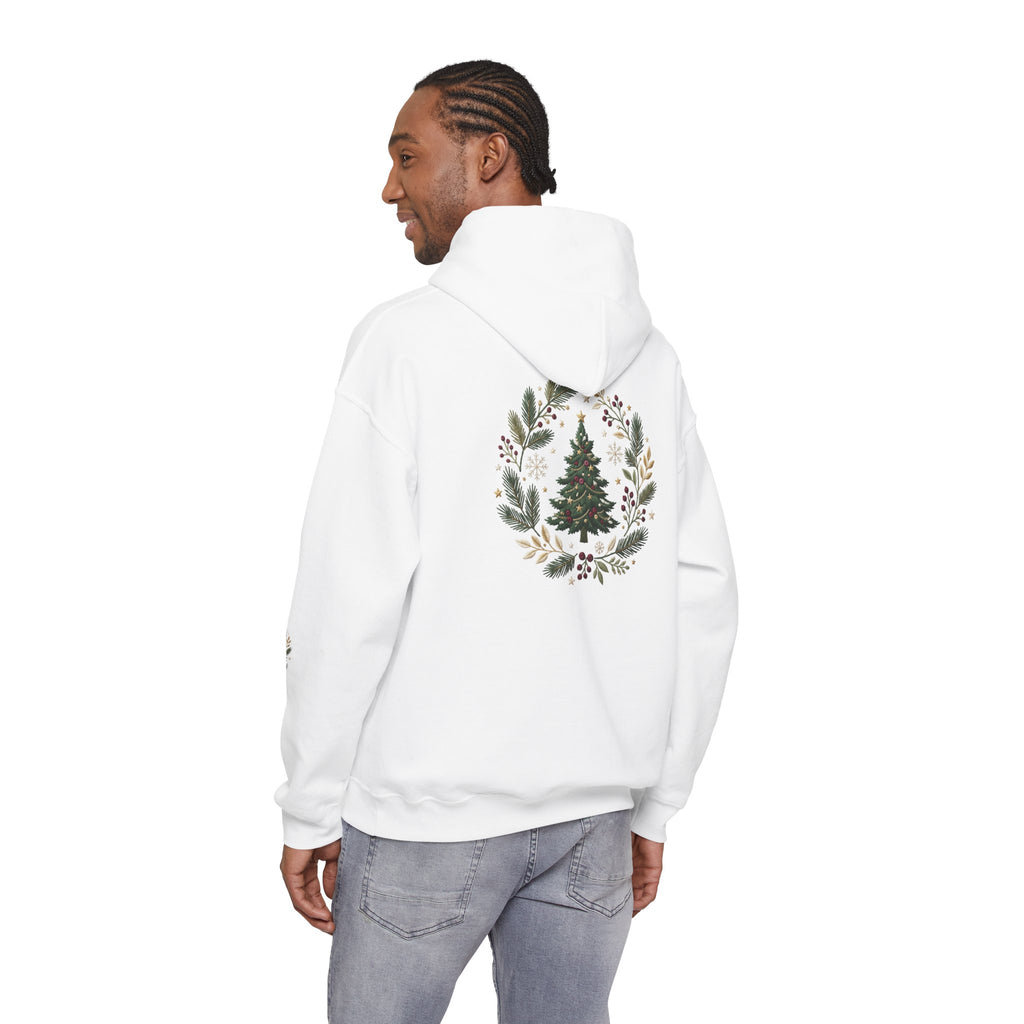 Christmas Tree Wreath Hoodie — Festive Botanical Sweatshirt, 50/50 Cotton-Poly, Unisex
